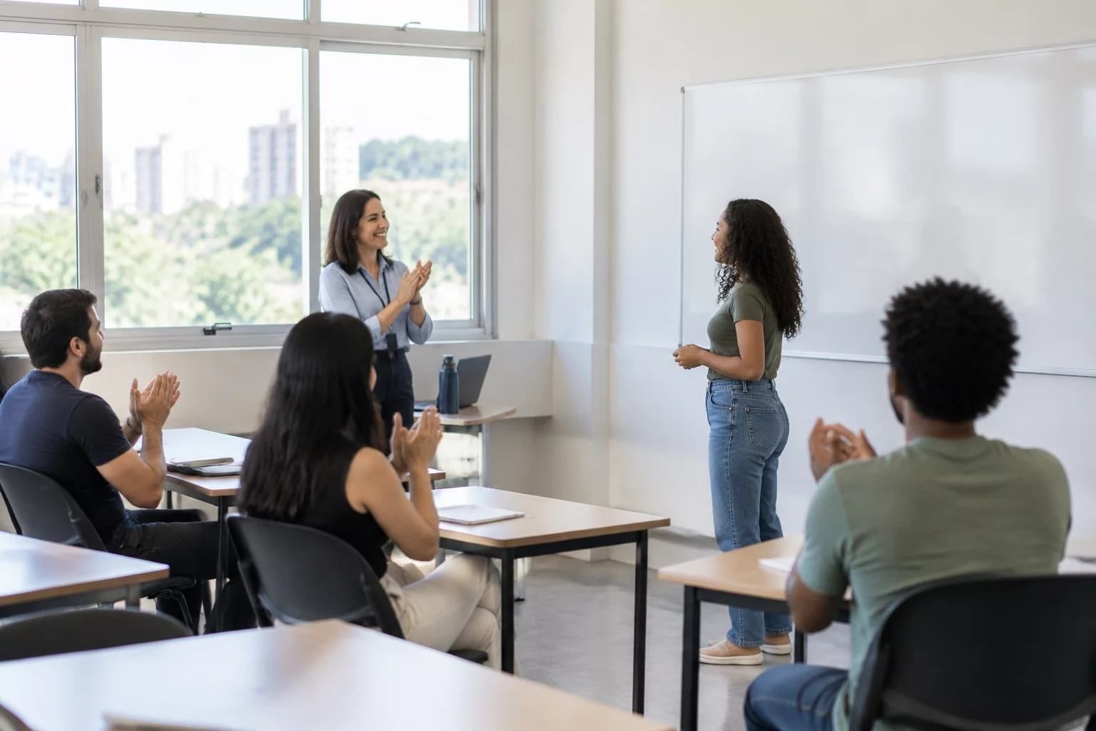 Professora comenta o exercício com a turma