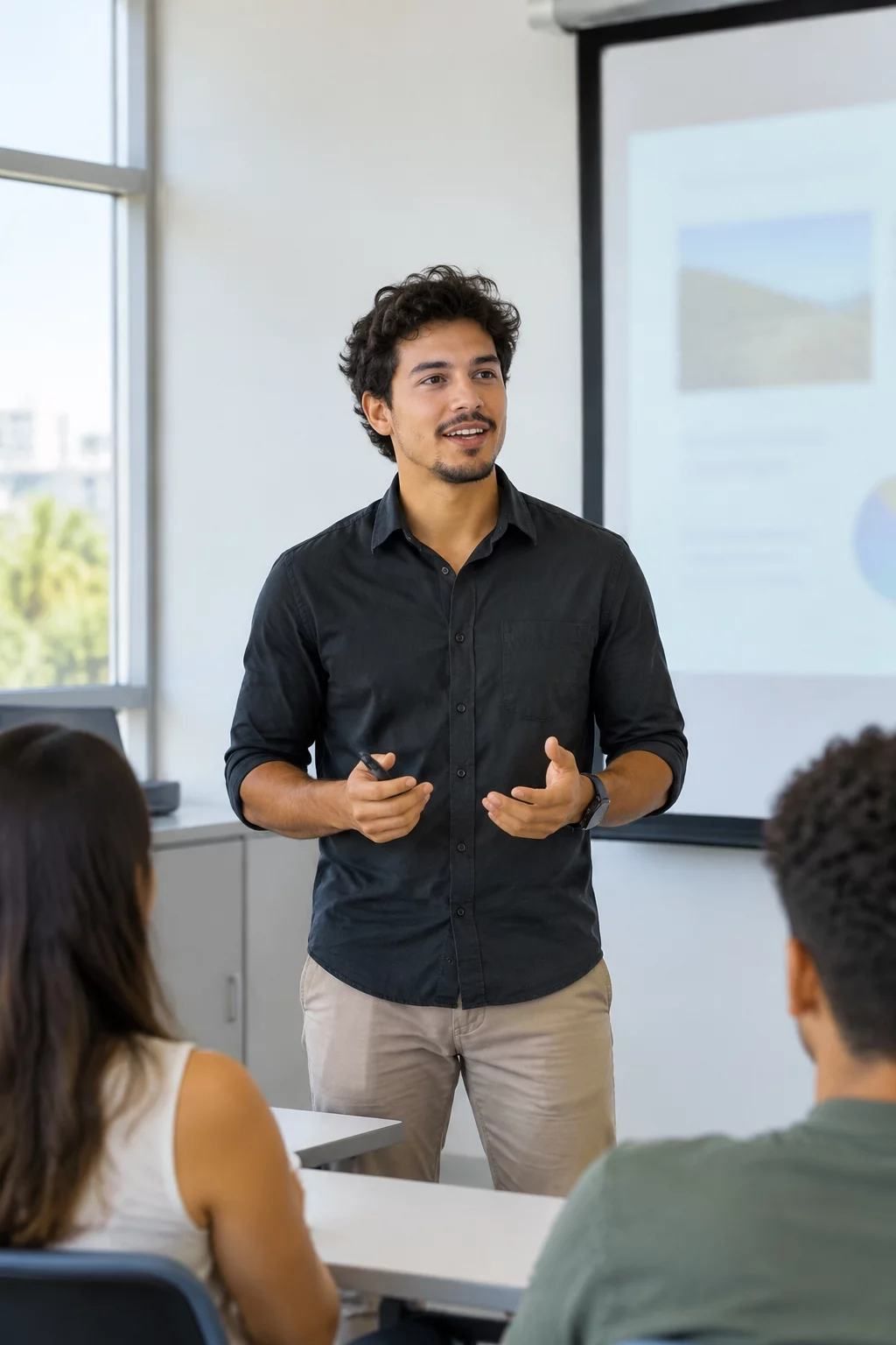Aluno fala para os colegas durante a aula de oratória